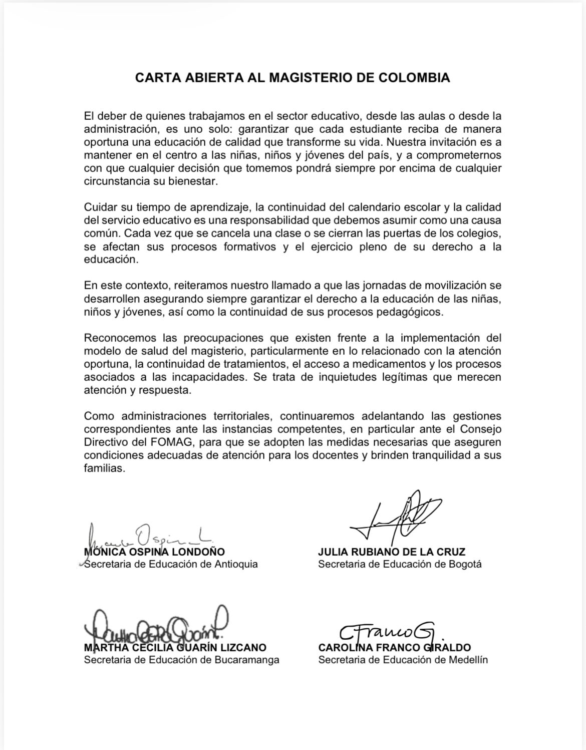 Secretarías de Educación de algunas regiones piden garantizar clases durante movilizaciones del magisterio