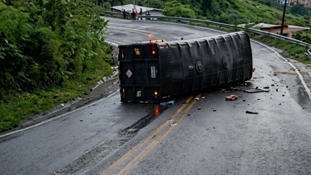 Un camión se volteó y quedó atravesado en la vía Yarumal - Valdivia: hay paso restringido y derrame de combustible