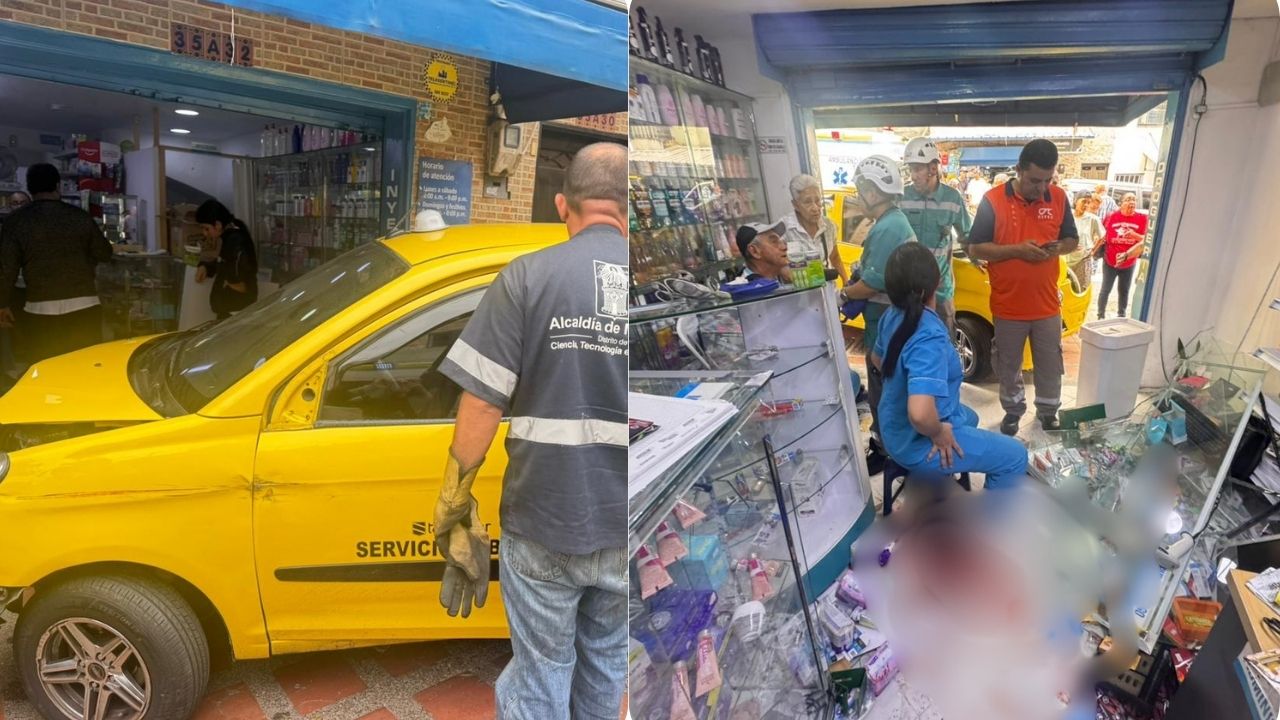 VIDEO: ¿Qué falló? Taxi se "desengranó" y chocó contra una farmacia en el barrio El Salvador, Medellín