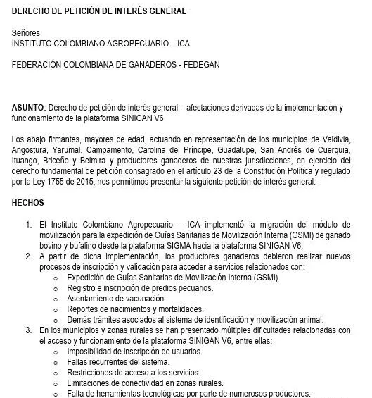 El 60 % del ganado de Antioquia sigue sin movilizarse: ganaderos convocan paro por fallas en plataforma de registro 1 Derecho de petición alcaldes
