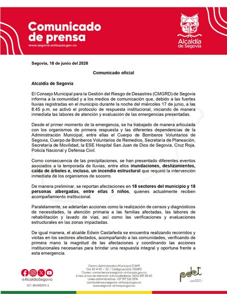 Lluvias en Segovia dejan 18 sectores con daños y varias personas trasladadas a albergues