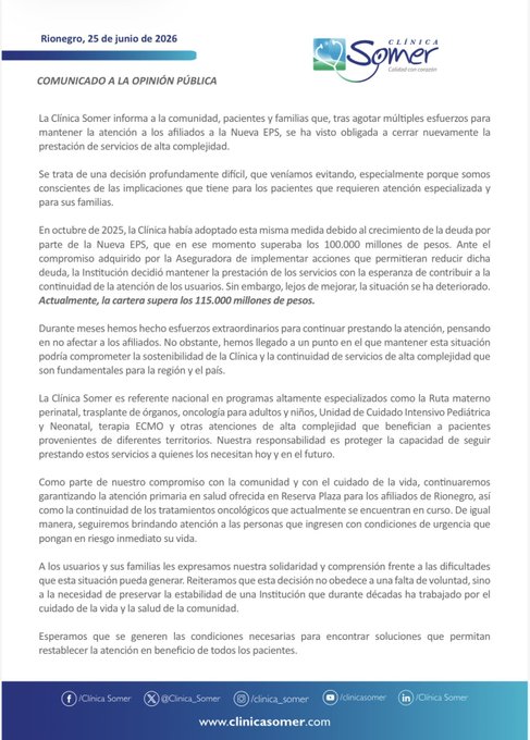 ¿Es usted usuario de la Nueva EPS? Conozca la nueva restricción en la Clínica Somer 1 ¿Es usted usuario de la Nueva EPS? Conozca la nueva restricción en la Clínica Somer