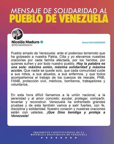 Nicolás Maduro emite un mensaje desde su reclusión en Nueva York tras los devastadores terremotos en Venezuela.