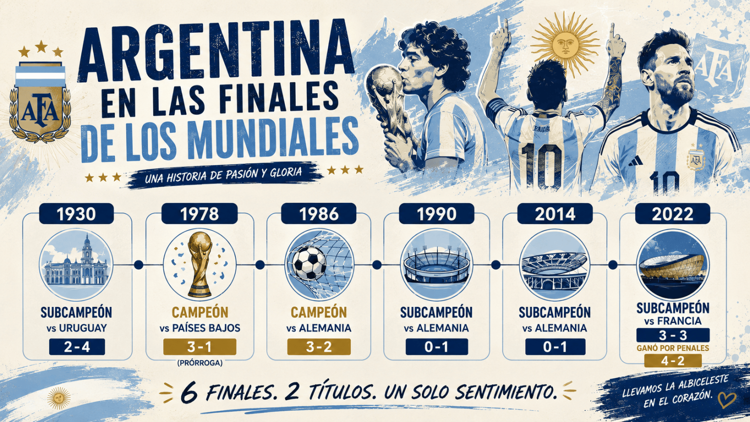 Argentina va por la cuarta estrella: así ha sido su historia en las finales de los Mundiales La Selección Argentina disputará la séptima final de una Copa del Mundo y buscará ampliar su palmarés frente a España
