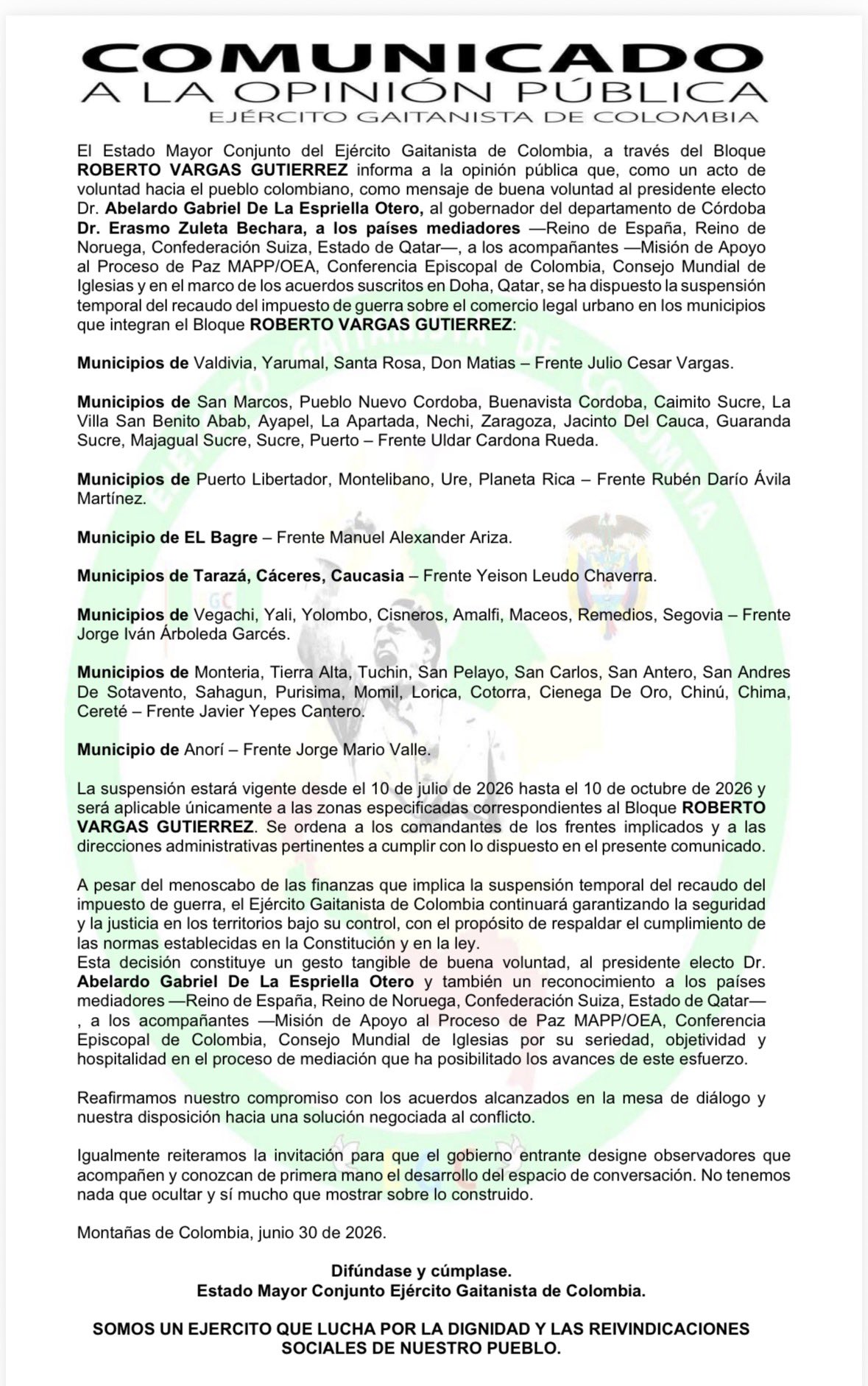 EGC anuncia suspensión temporal de extorsiones al comercio en algunos municipios de Antioquia y otros departamentos 1 HMEzm 4WcAAP3Py