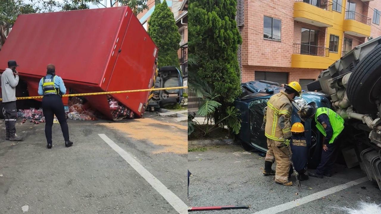 Camión de gaseosas se volcó en La Estrella y aplastó dos vehículos particulares