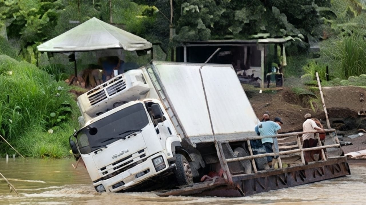 Planchón se volcó en San Juan de Urabá y un camión terminó sumergido en el río