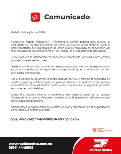 Rápido Ochoa cambia temporalmente su ruta hacia Chocó tras emergencia de orden público en la vía Medellín-Quibdó