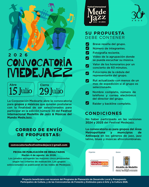 MedeJazz abrió convocatoria para seleccionar cinco agrupaciones locales que harán parte del festival 2026