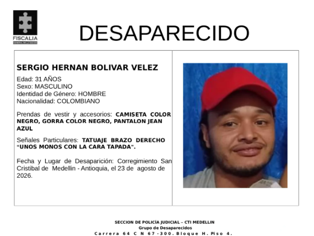Buscan a Sergio Hernán, lo vieron por última vez en el corregimiento de San Cristóbal: ¿Lo ha visto? 1 Buscan a Sergio Hernán, lo vieron por última vez en el corregimiento San Cristóbal: ¿Lo ha visto?