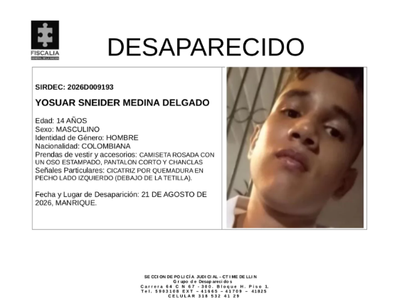Buscan a Yosuar Sneider, menor de 14 años desaparecido en Medellín: ¿Usted lo conoce?