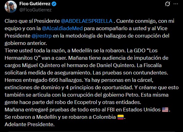 “Los Hermanitos Q van a caer”: Fico Gutiérrez anuncia entrega de evidencias al FBI y respalda al Gobierno 1 Fico X