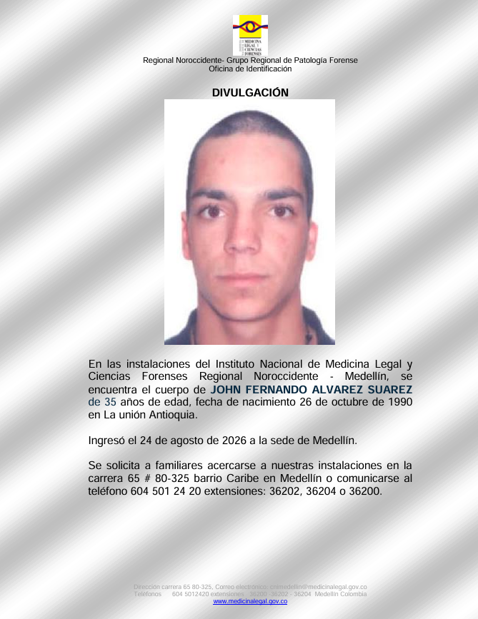 Medicina Legal busca familiares de John Fernando Álvarez Suárez, cuyo cuerpo ingresó a la sede de Medellín el pasado 24 de agosto