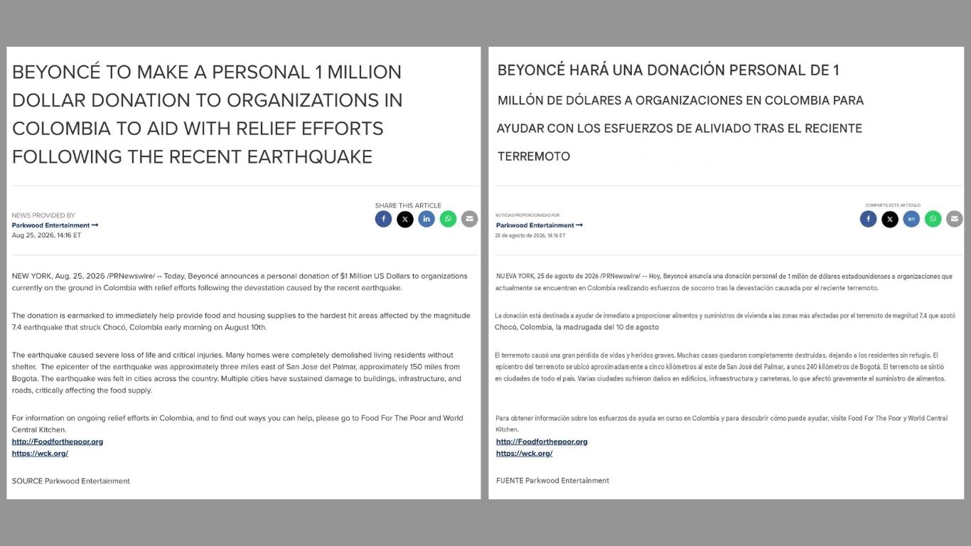Beyoncé donó un millón de dólares para apoyar a los damnificados por el terremoto en Colombia