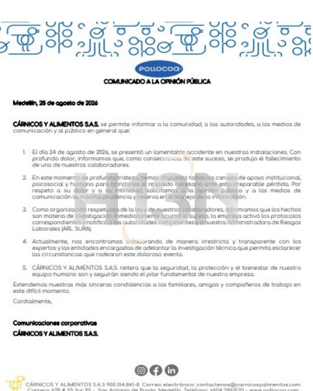 Investigan fallecimiento de joven tras accidente laboral en una empresa avícola de San Antonio de Prado, Medellín 1 PORTADAS REDES VICTORIA 90