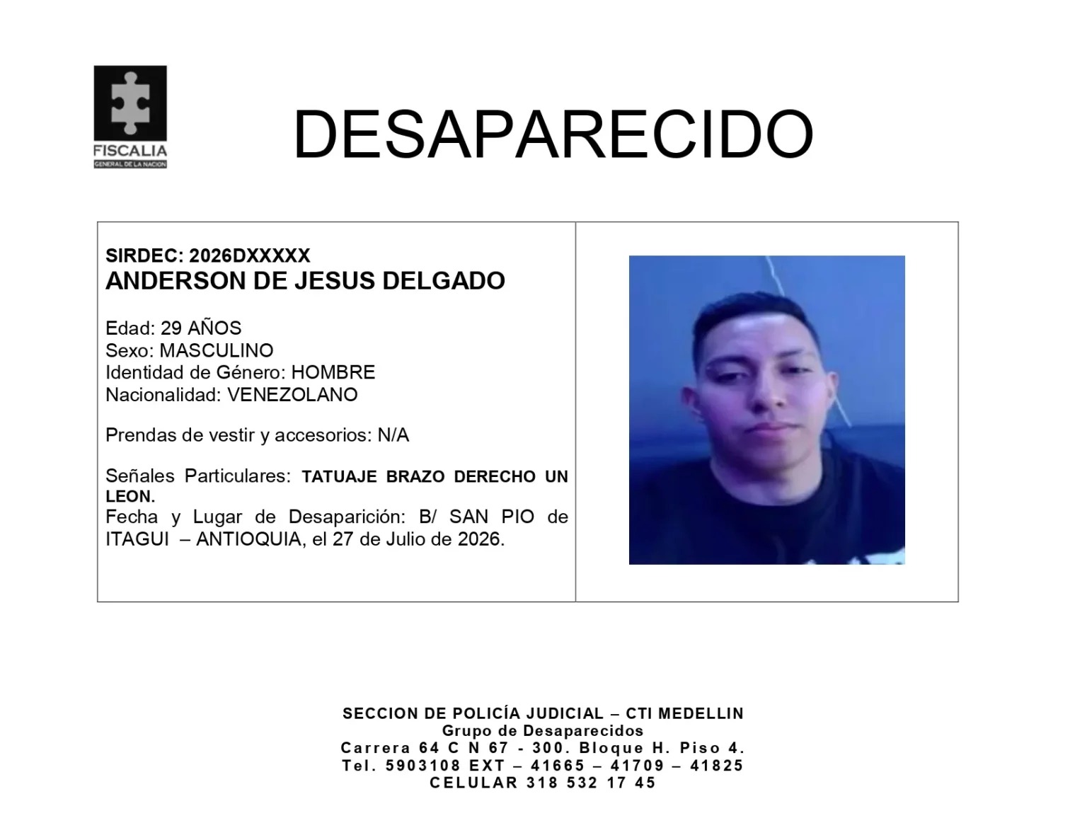 Buscan Anderson de Jesús, joven venezolano de 29 años desaparecido en Itagüí