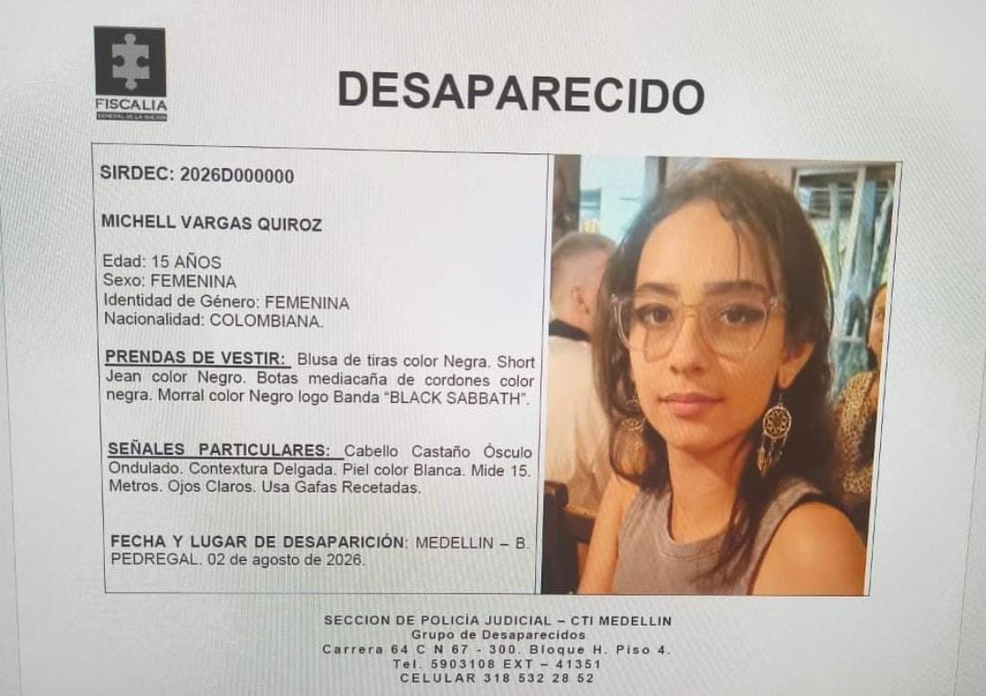 Buscan a Michell Vargas Quiroz, menor de 15 años desaparecida en el barrio Pedregal de Medellín