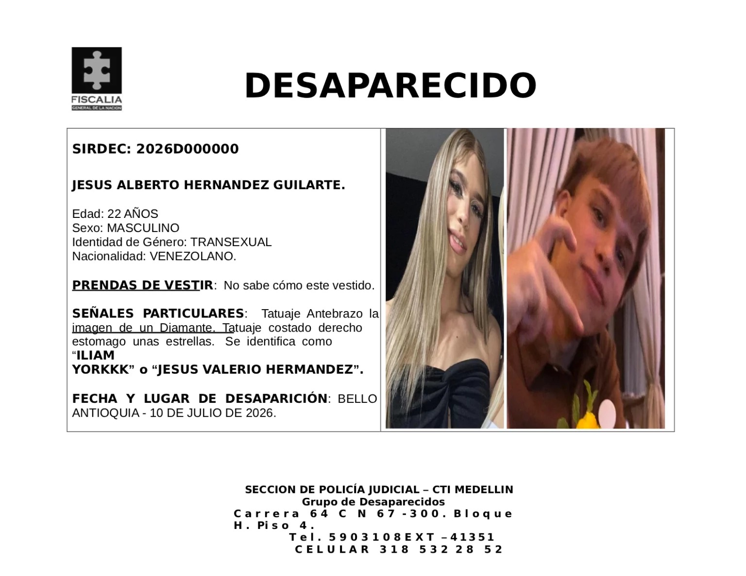 Buscan a Jesús Alberto, mejor conocido como "Iliam Yorkkk", transexual de nacionalidad venezolana desaparecido en Bello