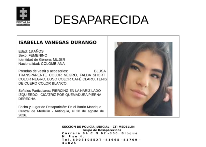 Buscan a Isabella, joven desaparecida en Manrique, Medellín: ¿Usted sabe algo de su paradero? 1 Buscan a Isabella, joven desaparecida en Manrique, Medellín: ¿Usted sabe algo de su paradero?