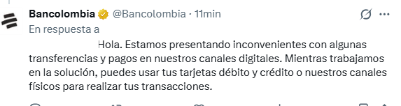 Usuarios reportan caída en la plataforma virtual de Bancolombia 1 Usuarios reportan fallas en la plataforma virtual de Bancolombia