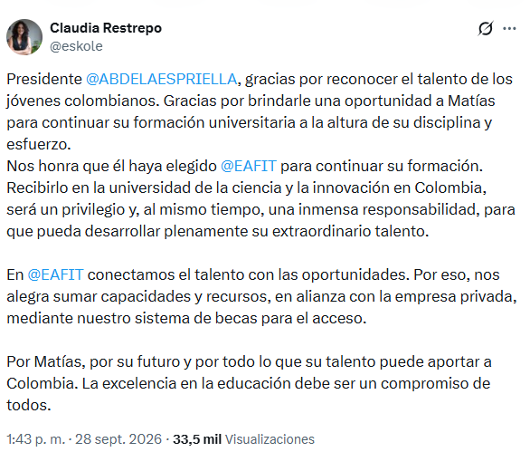 Universidad antioqueña recibirá a Matías Luengas, el estudiante con puntaje perfecto en el Icfes