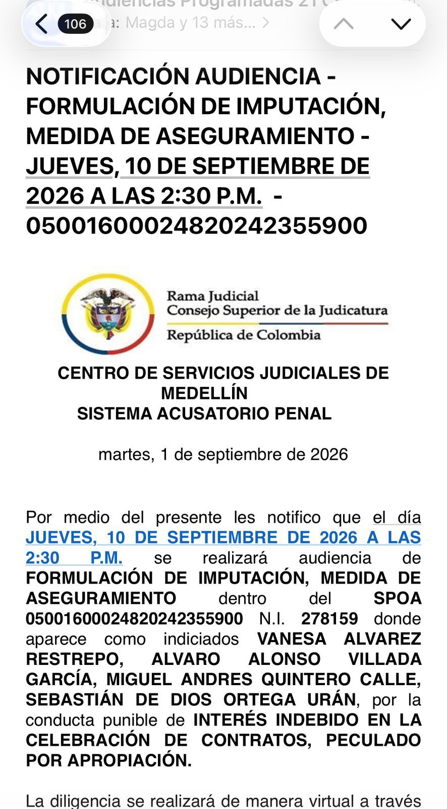 Ya hay fecha para la audiencia de imputación de cargos de Miguel Quintero y otros señalados por presunta corrupción en Medellín 1 HRJ6XEsXMAAcoS9