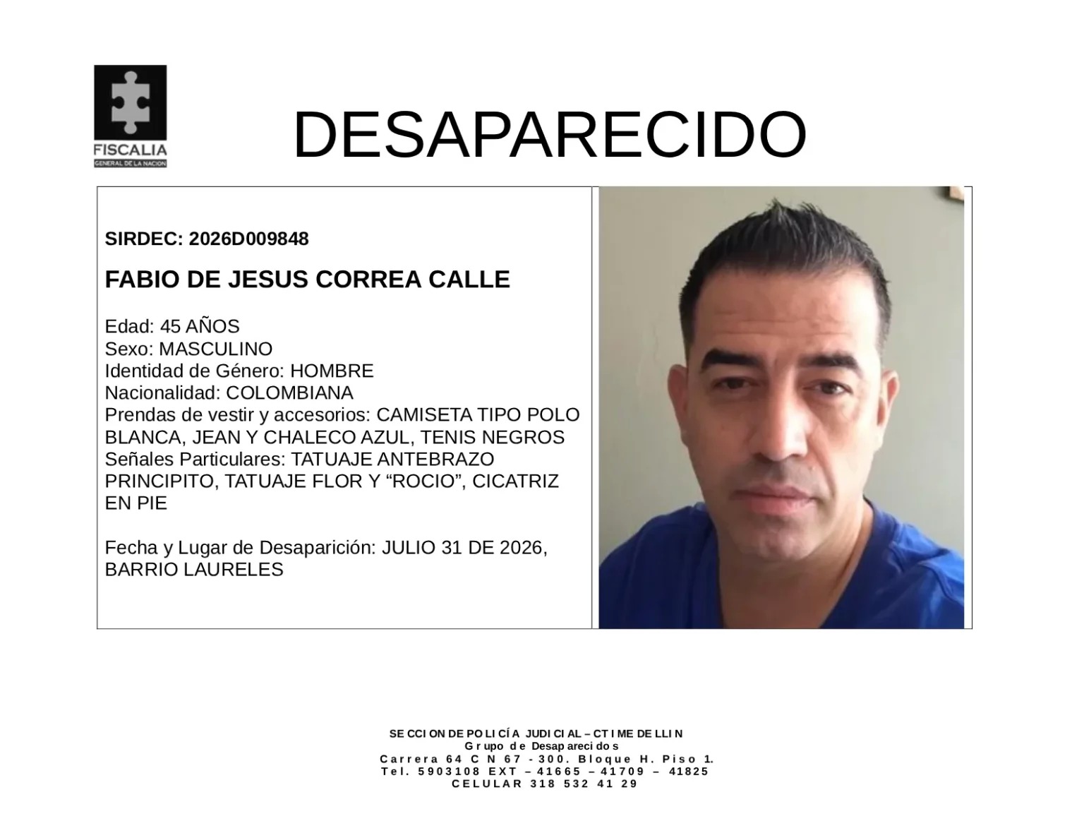 Fabio de Jesús está desaparecido, lo vieron por última vez en el barrio Laureles, en Medellín: ¿Sabe algo de él? 1 Fabio de Jesús está desaparecido, lo vieron por última vez en el barrio Laureles, en Medellín: ¿Sabe algo de él?