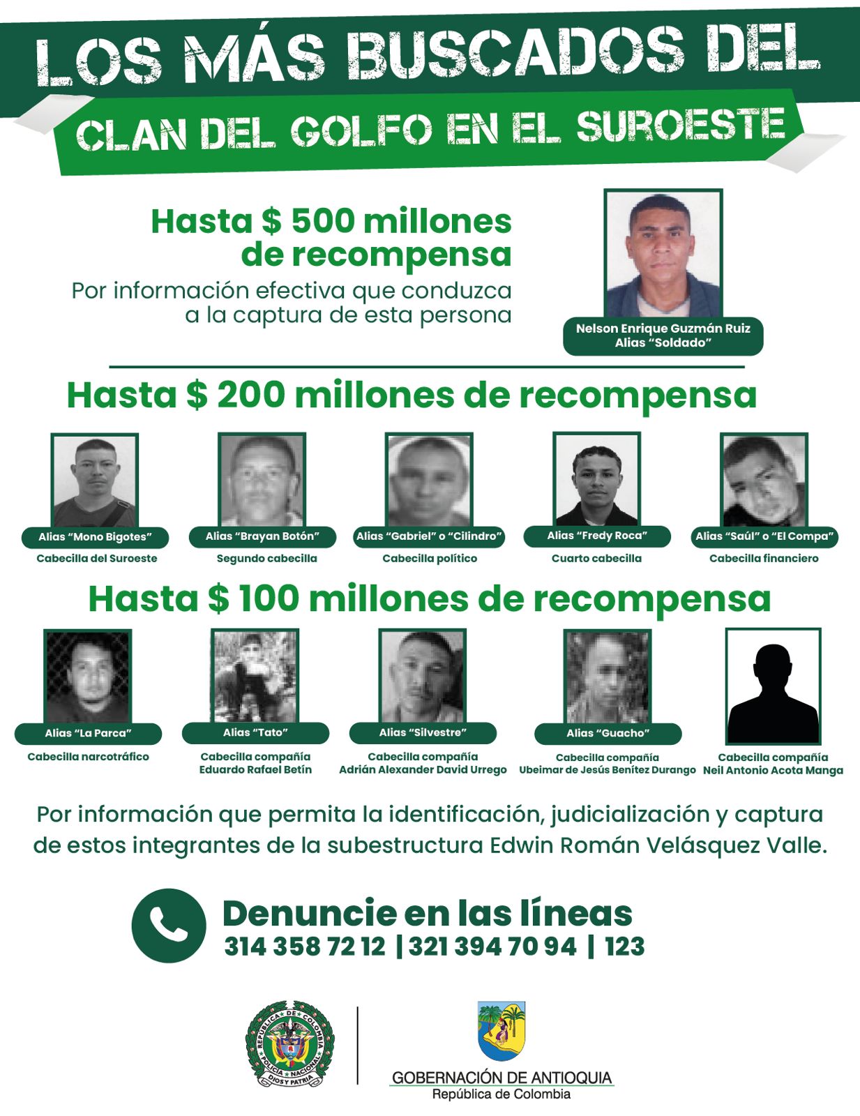 Autoridades de Antioquia ofrecen millonaria suma de recompensa por información de los más buscados del Clan del Golfo 1 WhatsApp Image 2026 09 09 at 11.24.50 AM