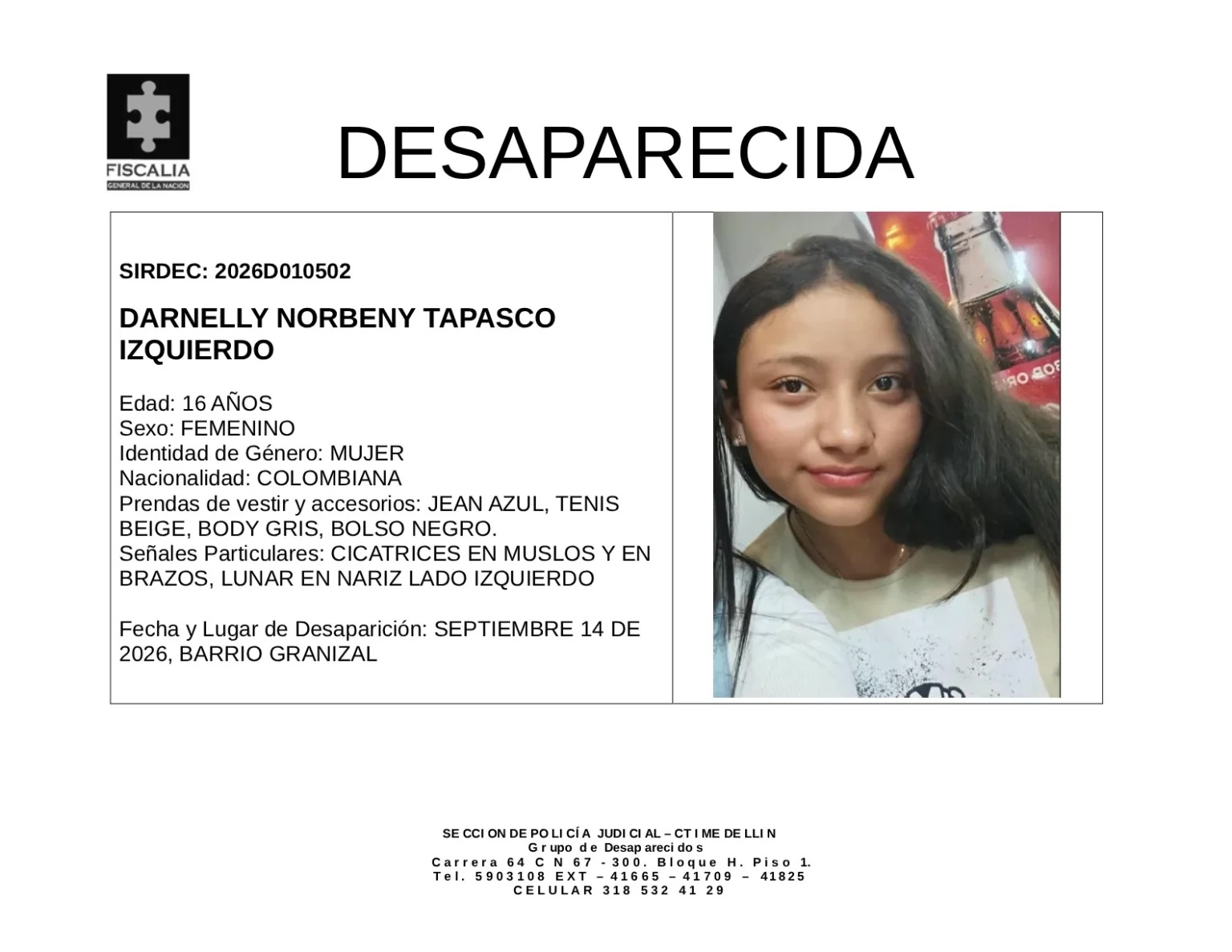 Buscan a Darnelly Norbeny, adolescente de 16 años desaparecida en el barrio Granizal de Medellín