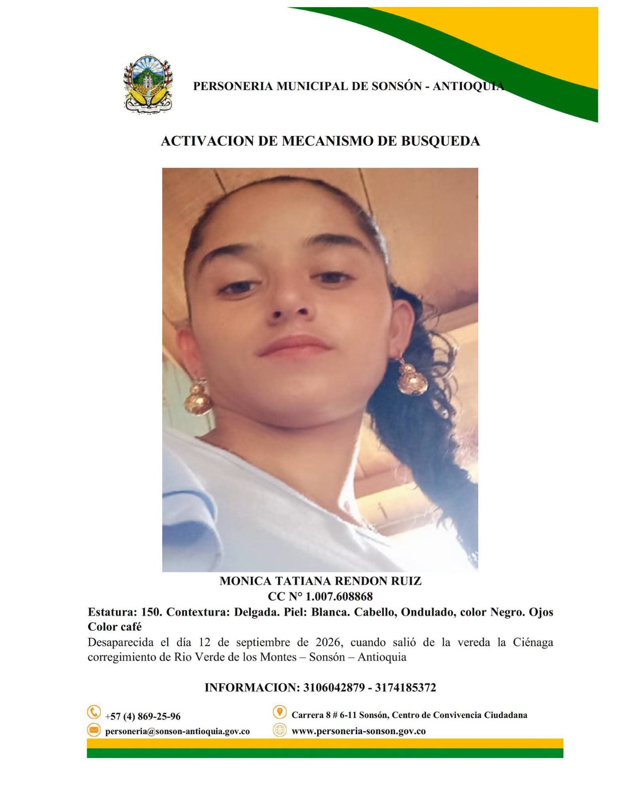 Activan mecanismo de búsqueda para encontrar a Mónica Tatiana en Sonsón, Antioquia 1 Activan mecanismo de búsqueda para encontrar a Mónica Tatiana en Sonsón, Antioquia