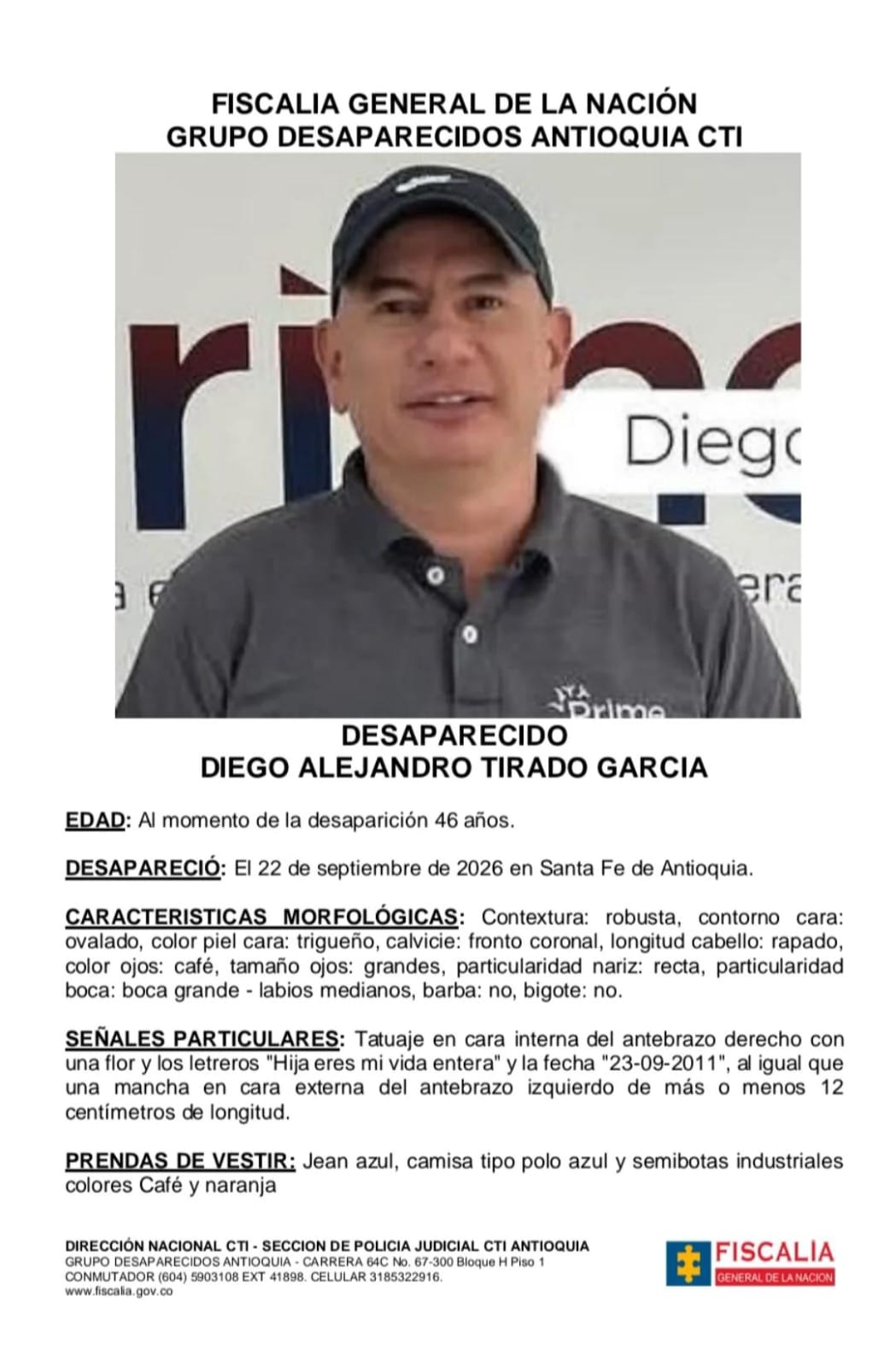 Buscan a Diego Alejandro Tirado García, reportado como desaparecido en Santa Fe de Antioquia 1 Buscan a Diego Alejandro Tirado García, reportado como desaparecido en Santa Fe de Antioquia