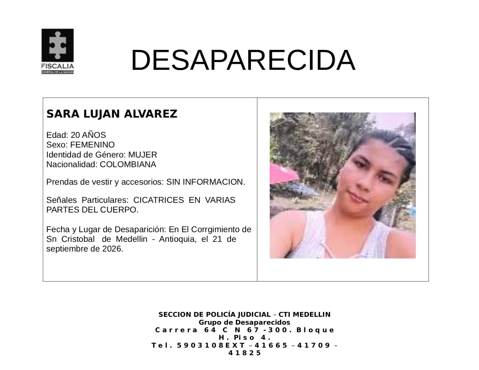 ¿La ha visto? Sara Lujan Alvarez está desaparecida en el corregimiento de San Cristóbal 1 ¿La ha visto? Sara Lujan Alvarez está desaparecida en el corregimiento de San Cristóbal