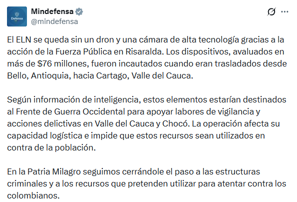VIDEO: Incautaron dron y cámara de alta tecnología que pertenecerían al ELN y habrían sido trasladados desde Bello