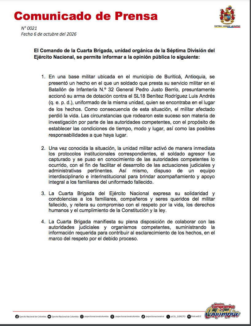 En un batallón de Buritica un soldado habria asesinado a otro por intolerancia ¿qué pasó? 1 En un batallón de Buritica un soldado habria asesinado a otro por intolerancia ¿qué pasó?