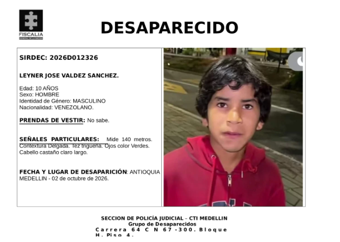 Están buscando en Medellín a Leyner José, menor de 10 años desaparecido 