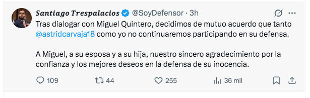 Abogados Santiago Trespalacios y Astrid Carvajal renuncian a la defensa de Miguel Quintero