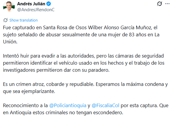 Capturan a Wilber; habría accedido sexualmente a una adulta mayor en La Unión, Antioquia