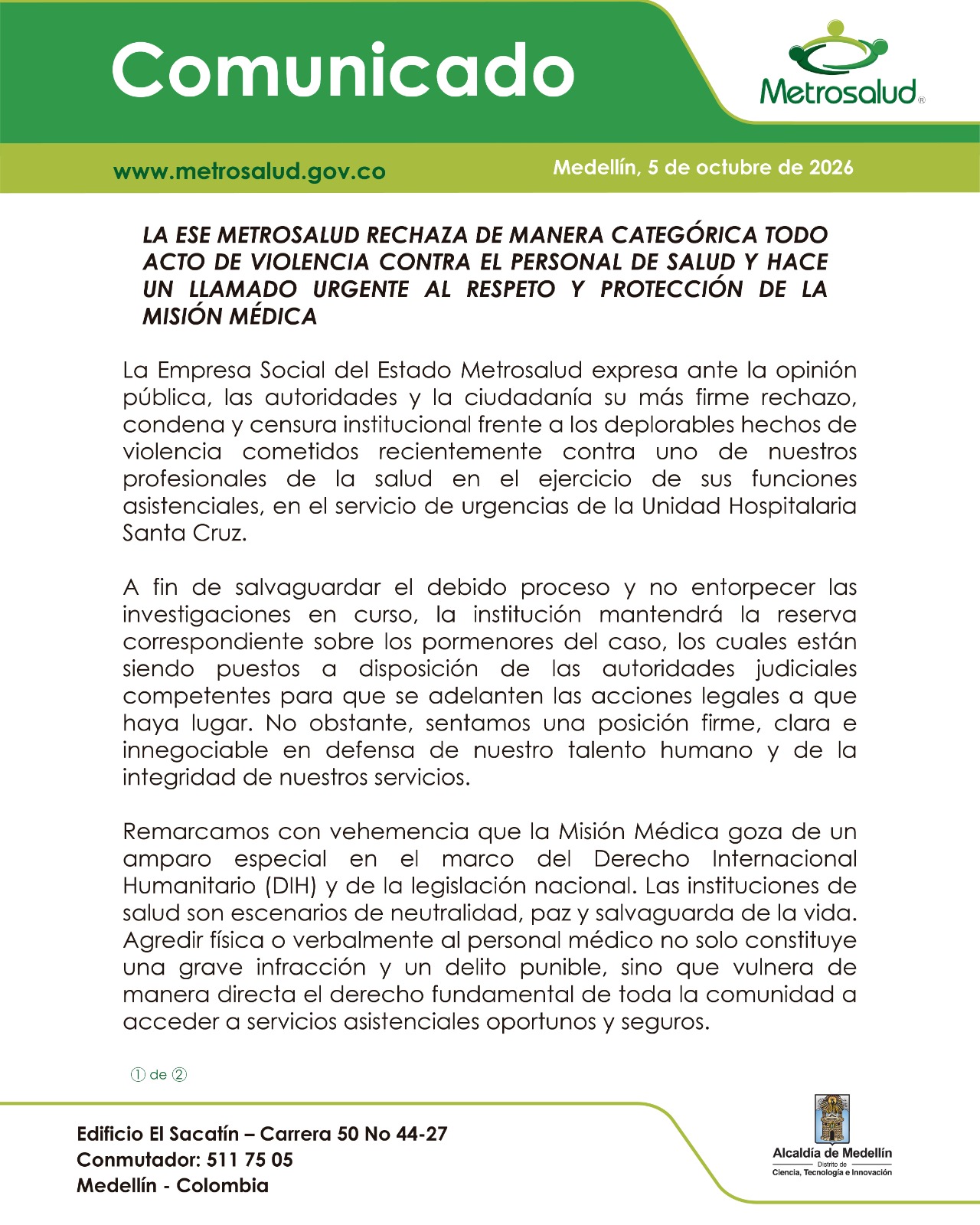 Médico de Metrosalud fue agredido después de atender a paciente por intoxicación 1