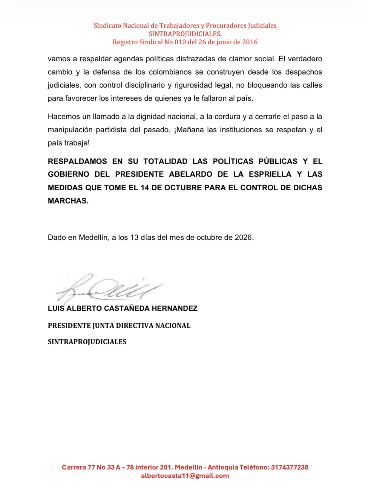 Sindicatos de la Procuraduría y del INPEC rechazan marchas del 14 de octubre y piden no participar 2 Sindicatos de la Procuraduría y del INPEC rechazan marchas del 14 de octubre y piden no participar