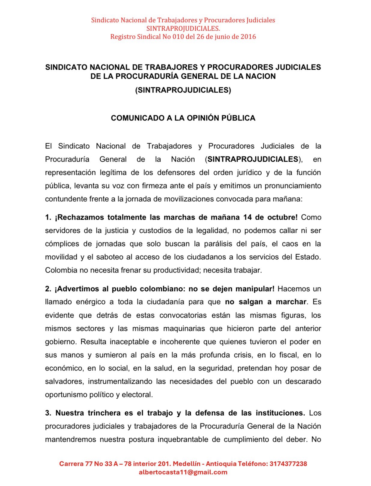 Sindicatos de la Procuraduría y del INPEC rechazan marchas del 14 de octubre y piden no participar 1 Sindicatos de la Procuraduría y del INPEC rechazan marchas del 14 de octubre y piden no participar