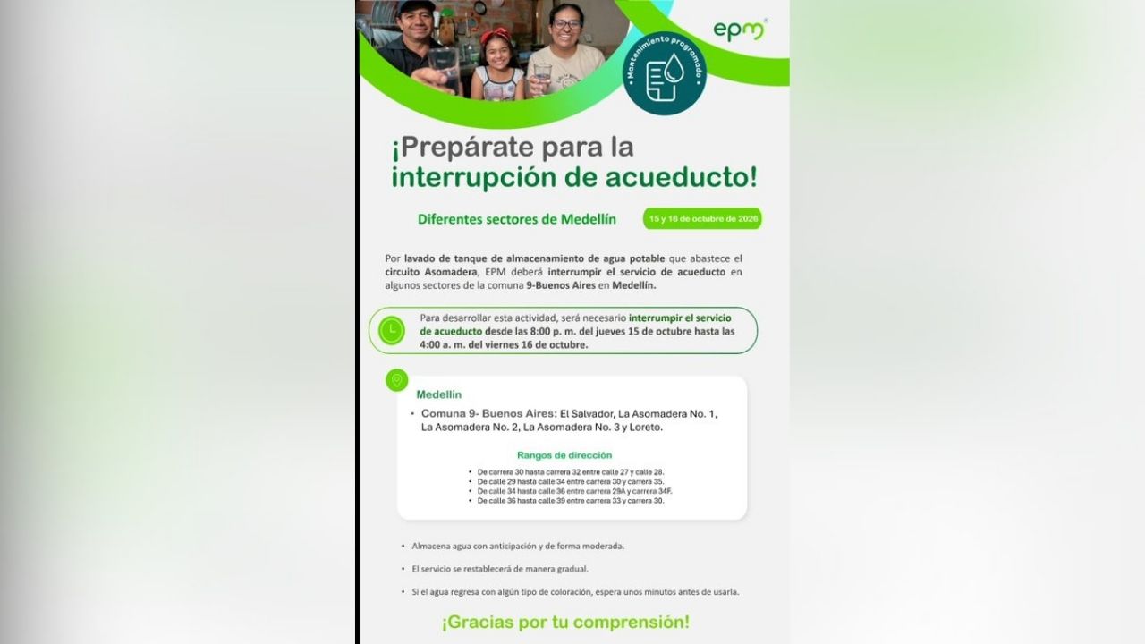 EPM va a realizar cortes de agua este jueves: consulte horarios y sectores