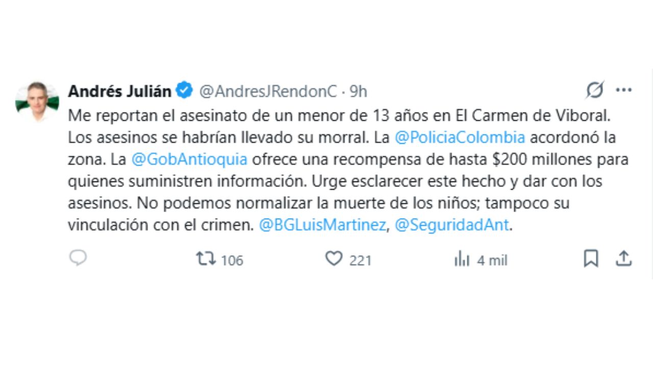 Por su parte, el alcalde de El Carmen de Viboral, Hugo Jiménez Cuervo, rechazó el crimen a través de sus redes sociales y confirmó que todas las capacidades de las autoridades están dispuestas para el esclarecimiento del caso. El mandatario local reiteró que los agresores también se llevaron el bolso del menor.