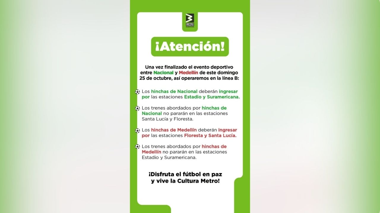 Metro de Medellín anuncia cambios en su servicio para el clásico paisa de este domingo 2 Metro Clasico paisa