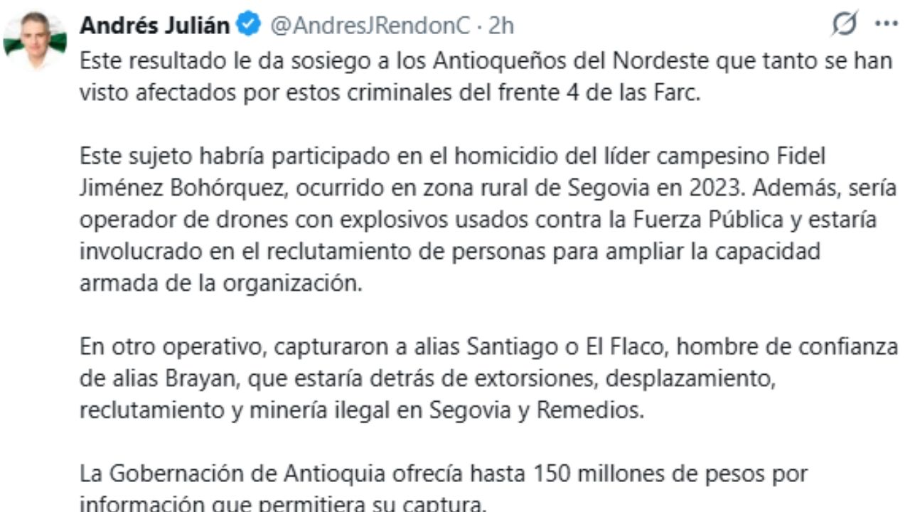 Cae alias “Brayan Ross”, señalado cabecilla de las disidencias de las FARC en el Nordeste antioqueño