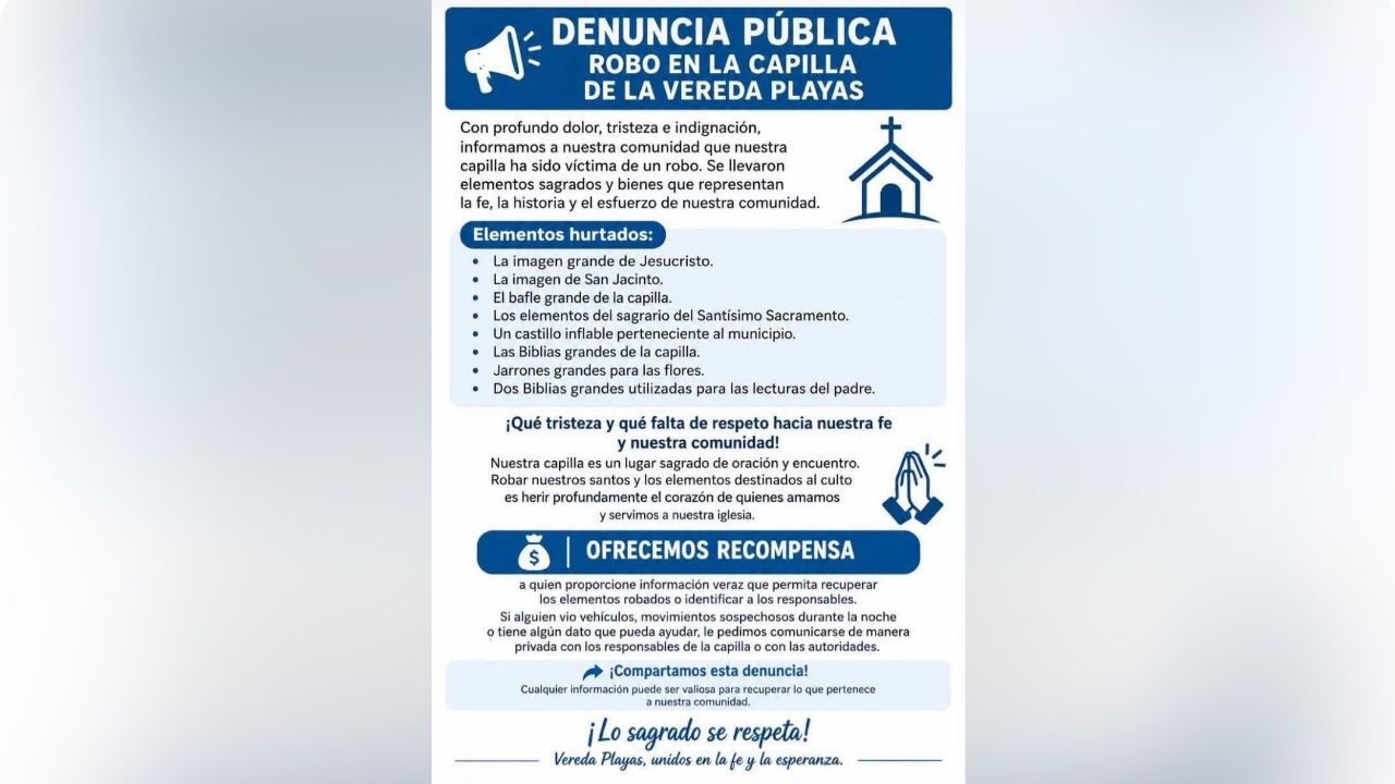 También se llevaron un castillo inflable, robaron imágenes religiosas y bienes en una capilla de Belmira