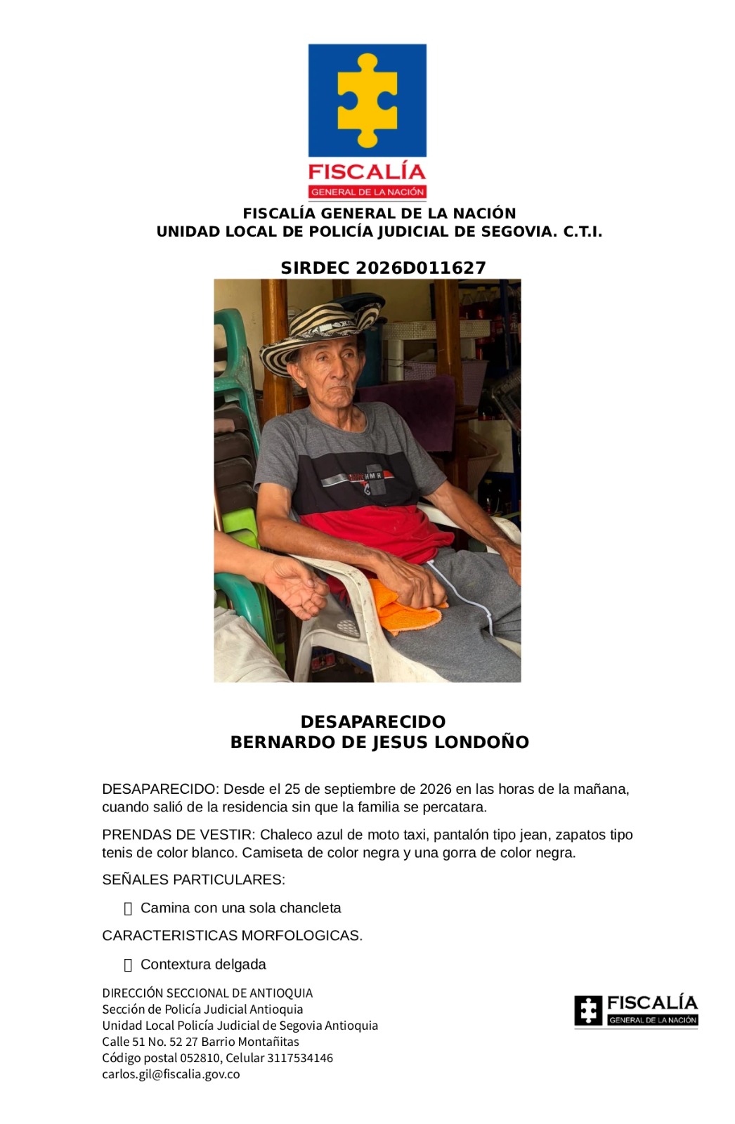 Familiares buscan a Bernardo de Jesús; lo vieron por última vez en el municipio de Segovia, Antioquia