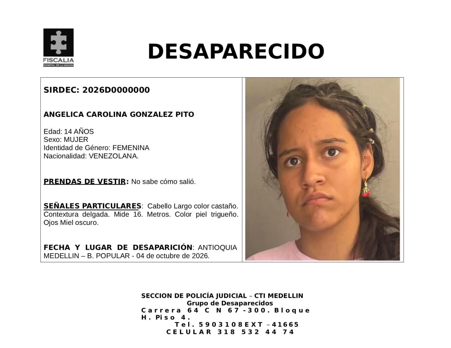 Angélica Carolina está desaparecida; la vieron por última vez el pasado 4 de octubre en Medellín 1 Angélica Carolina está desaparecida; la vieron por última vez el pasado 4 de octubre en Medellín