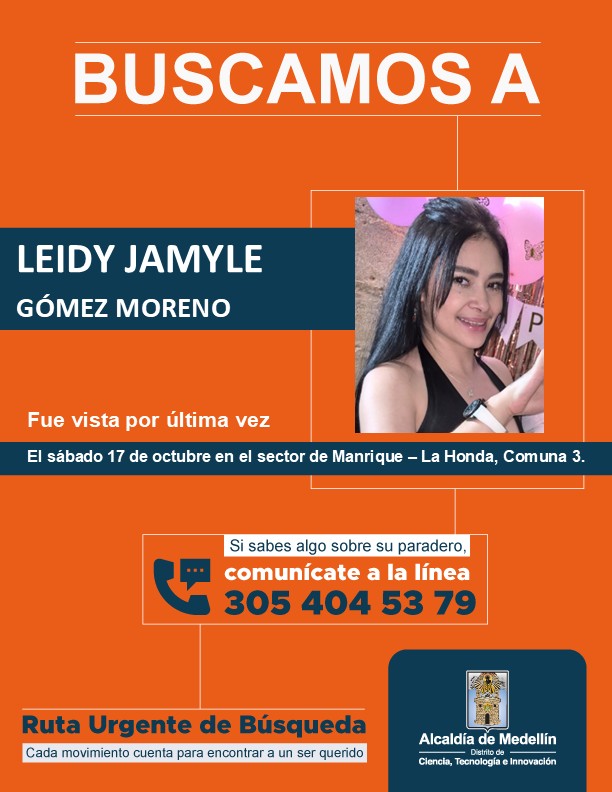 En Medellín, están buscando a Leidy Jamyle, desaparecida en el barrio Manrique