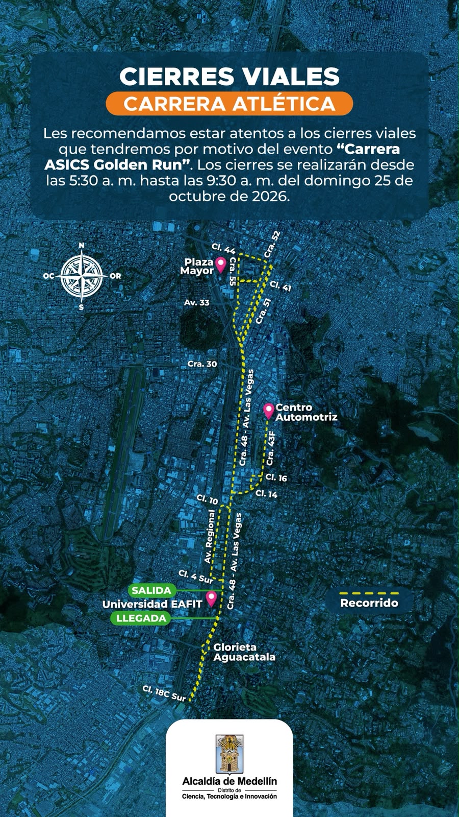 ¡Ojo! Medellín tendrá cierres viales este domingo por el Clásico RCN y la ASICS Golden Run