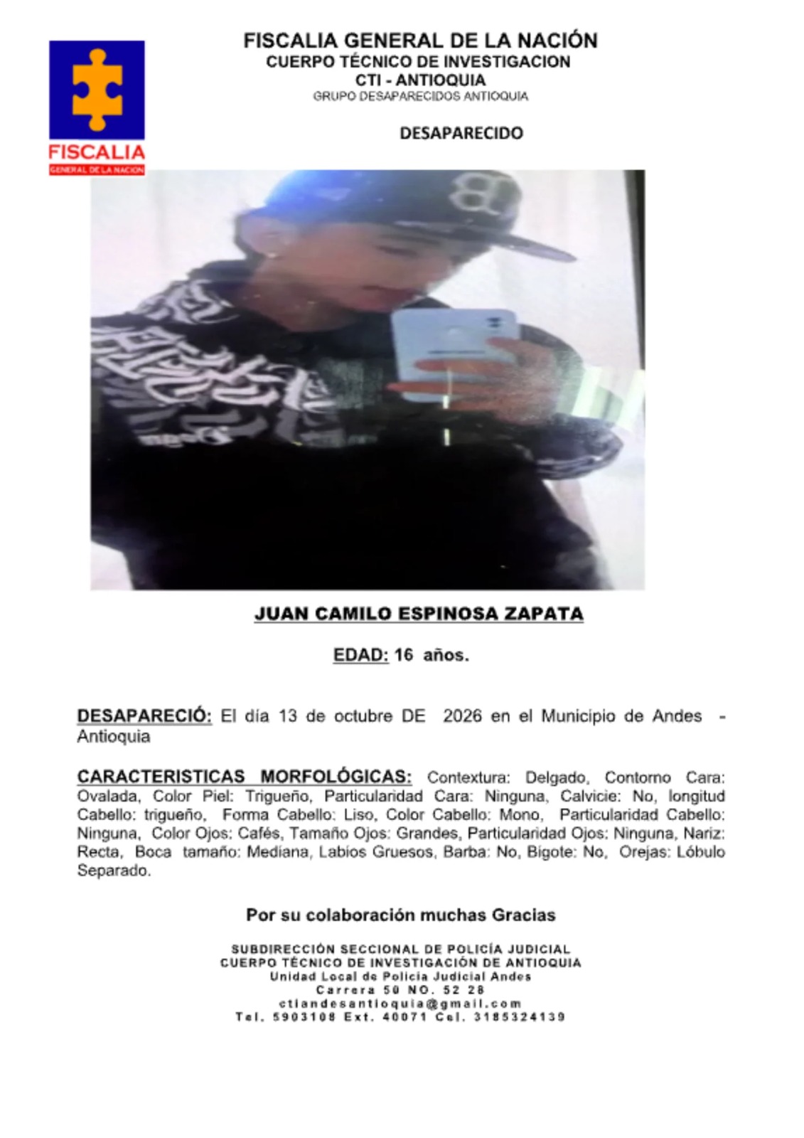 Buscan a Juan Camilo Espinosa Zapata, adolescente de 16 años desaparecido en Andes, Antioquia